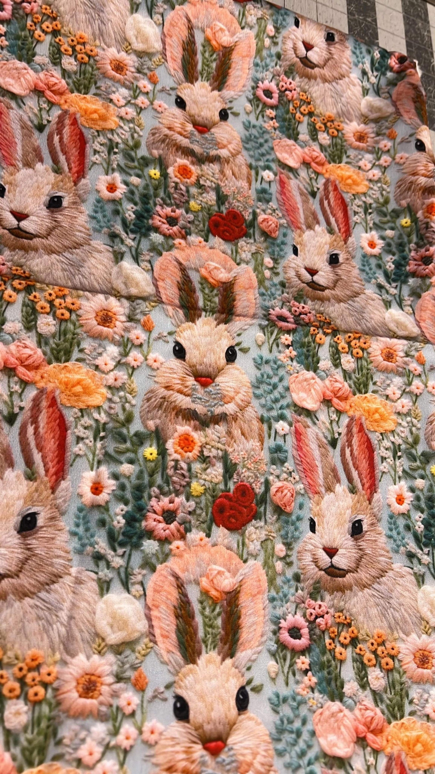 Embroidery bunnies cotton woven reg scale